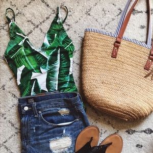 Banana leaves/palm print, v-neck 1 piece swimsuit